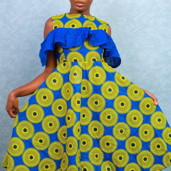 blue yellow fancy collar knee length dress african print ngounbang - Picture 2 of 5